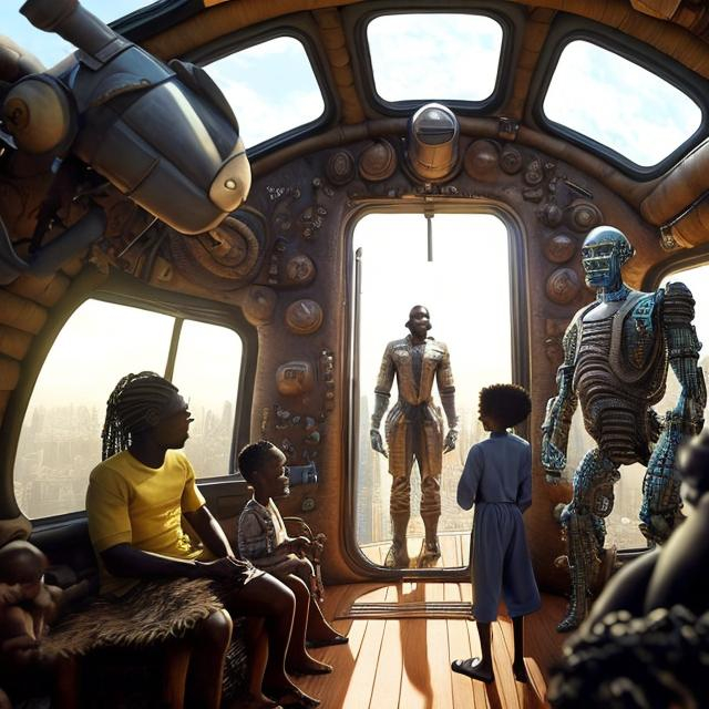 Prompt: A Zulu men with his children in different situation setting, inside an airship Zulu hut house, in a future times, with Zulu design ai and AGI robots, they are looking outside the large Windows of the 27 storey flat watching flying  car's traffic through tall buildings, futuristic earth civilization  scenes super realism masterpieces, utopia year 2035