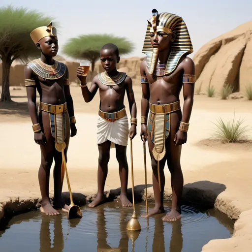 Prompt: The boy king Tutunkhamun drinking from a pond, 2 bodyguards stand by his sides, super realism Zulu renditions