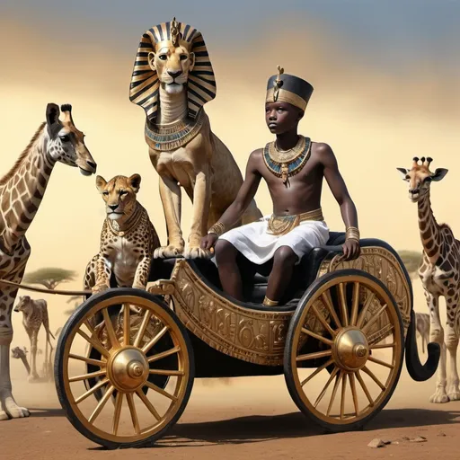 Prompt: The boy king Tutunkhamun on his golden chariot and his great dame, hunting lions, giraffes and wild animals super realism Zulu rendition