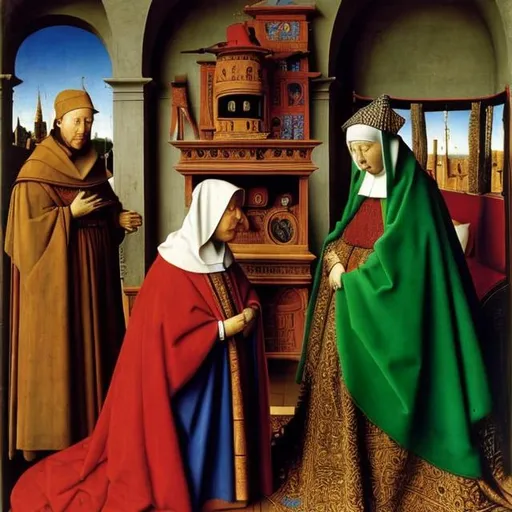 Prompt: Jan Van Eyck, The Virgin With The Canon van der paele, 1436 , Esther Mahlangu rendition super realism
