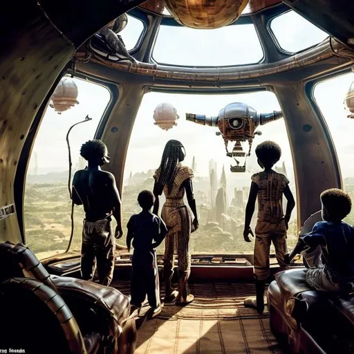 Prompt: A Zulu men with his children inside an airship Zulu hut house, in a future times, with Zulu design ai and AGI robots, they are looking outside the large Windows of the 27 storey flat watching flying  car's traffic through tall buildings, futuristic earth scenes super realism masterpieces, utopia year 2035