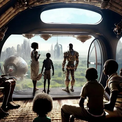 Prompt: A Zulu men with his children in different situation setting, inside an airship Zulu hut house, in a future times, with Zulu design ai and AGI robots, they are looking outside the large Windows of the 27 storey flat watching flying  car's traffic through tall buildings, futuristic earth civilization  scenes super realism masterpieces, utopia year 2035