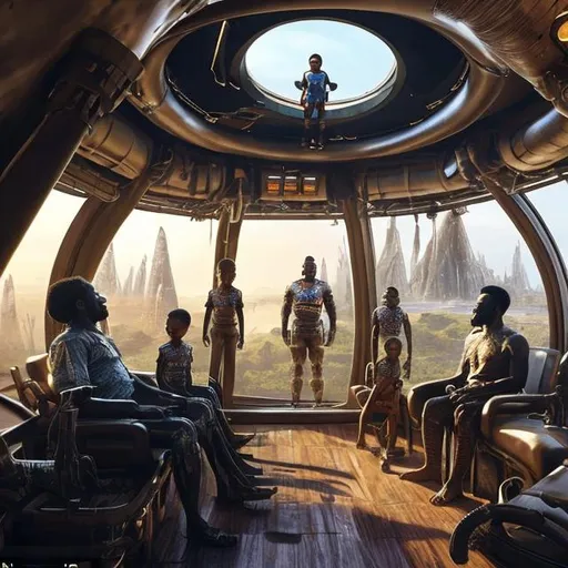 Prompt: A Zulu men with his children in different situation setting, inside an airship Zulu hut house, in a future times, with Zulu design ai and AGI robots, they are looking outside the large Windows of the 27 storey flat watching flying  car's traffic through tall buildings, futuristic earth civilization  scenes super realism masterpieces, utopia year 2035