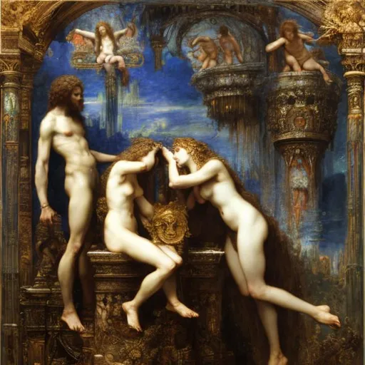 Prompt: Gustave Moreau, Jupiter and Semele super realism, Massai rendition