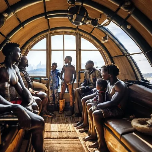 Prompt: A Zulu men with his children inside an airship Zulu hut house, in a future times, they are looking outside the large Windows of the 27 storey flat watching flying  car's traffic through tall buildings, futuristic earth scenes super realism masterpieces, utopia year 2035