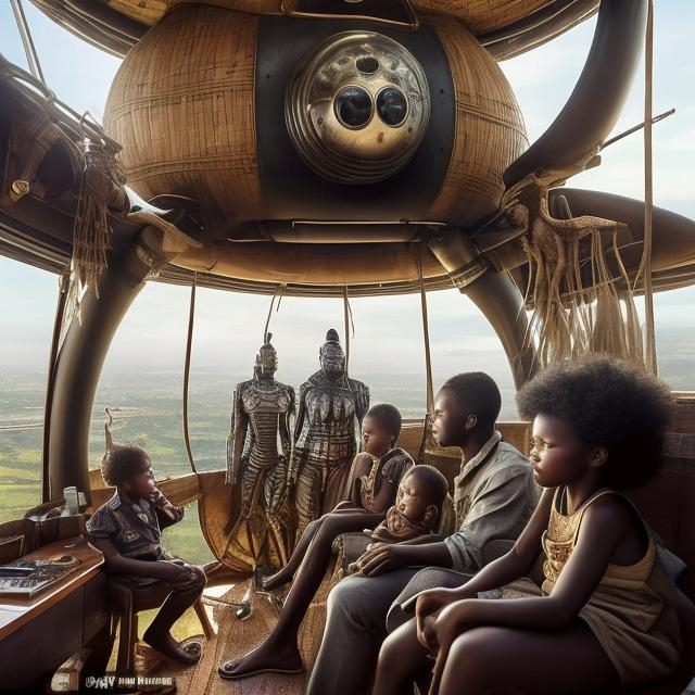 Prompt: A Zulu men with his children inside an airship Zulu hut house, in a future times, with Zulu design ai robots they are looking outside the large Windows of the 27 storey flat watching flying  car's traffic through tall buildings, futuristic earth scenes super realism masterpieces, utopia year 2035