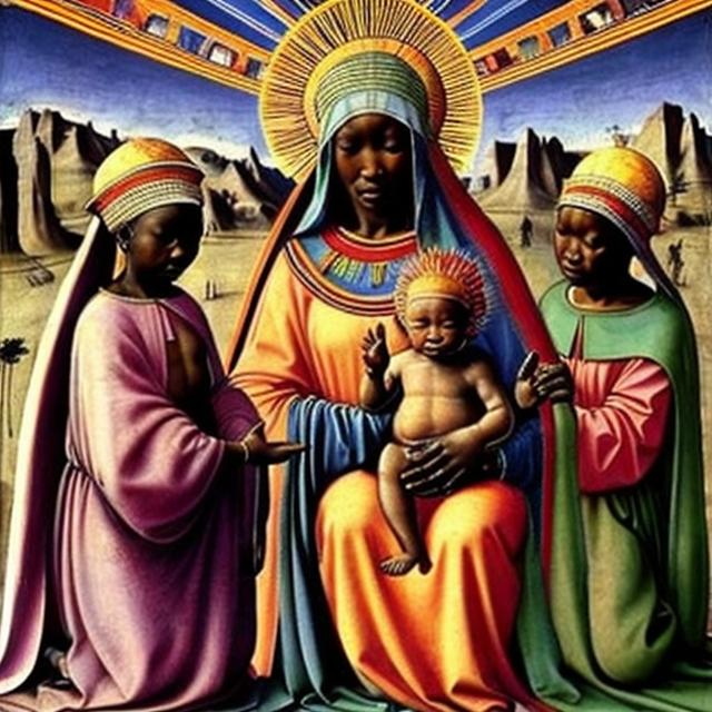 Prompt: Masaccio, Virgin and Child With Angels, 1426, Esther Mahlangu rendition super realism