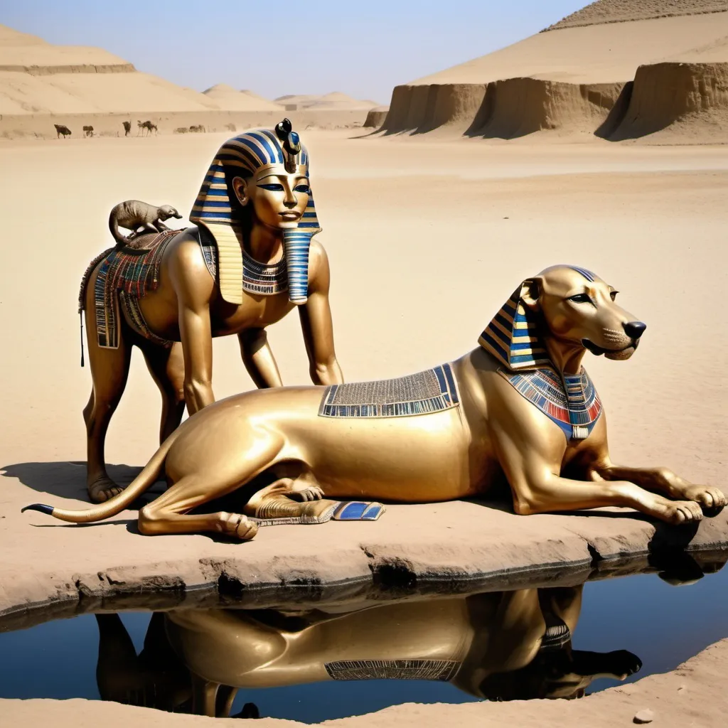 Prompt: The boy king Tutunkhamun lying on his stomach, drinking water from a pond, 2 armed bodyguards  at his rear side with his royal hound great dame,
 super realism Ndebele renditions