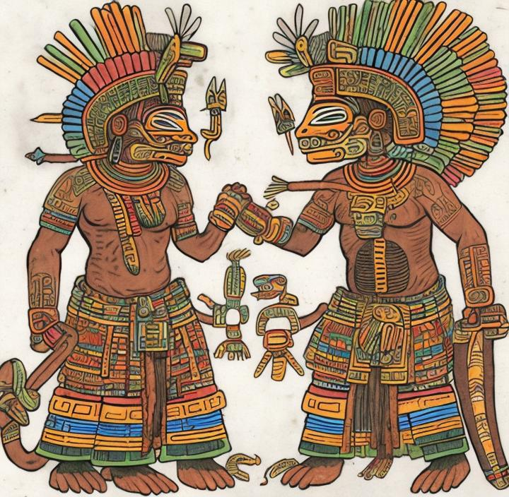 Prompt: Mictlantecuhtli and Quetzalcoati, from the Borgia codex Zulu rendition super realism