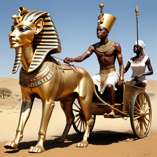 Prompt: The boy king Tutunkhamun in his golden chariot and his great dame hunting game, super realism Zulu rendition