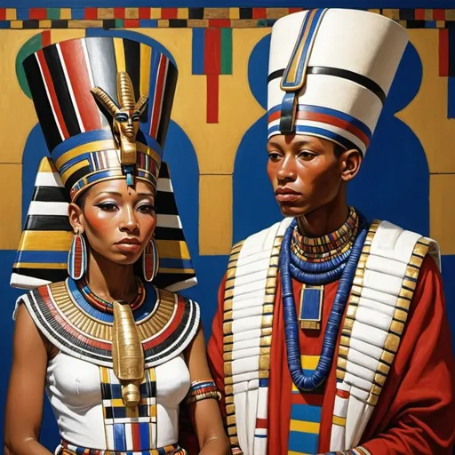 Prompt: The wedding ceremony of the boy king Tutunkhamun and the young queen Ankhsuamun, super realism Esther Mahlangu renditions