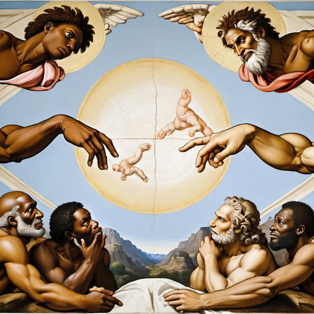 Prompt: Michael Angelo, The Creation of Adam,
 super realism Zulu renditions