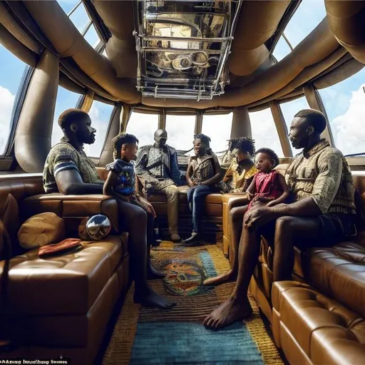 Prompt: A Zulu men with his children inside an airship  house, in a future times, they are looking outside the large Windows of the 27 storey flat, watching flying  car's traffic through tall buildings, futuristic scenes super realism masterpieces, utopia year 2035