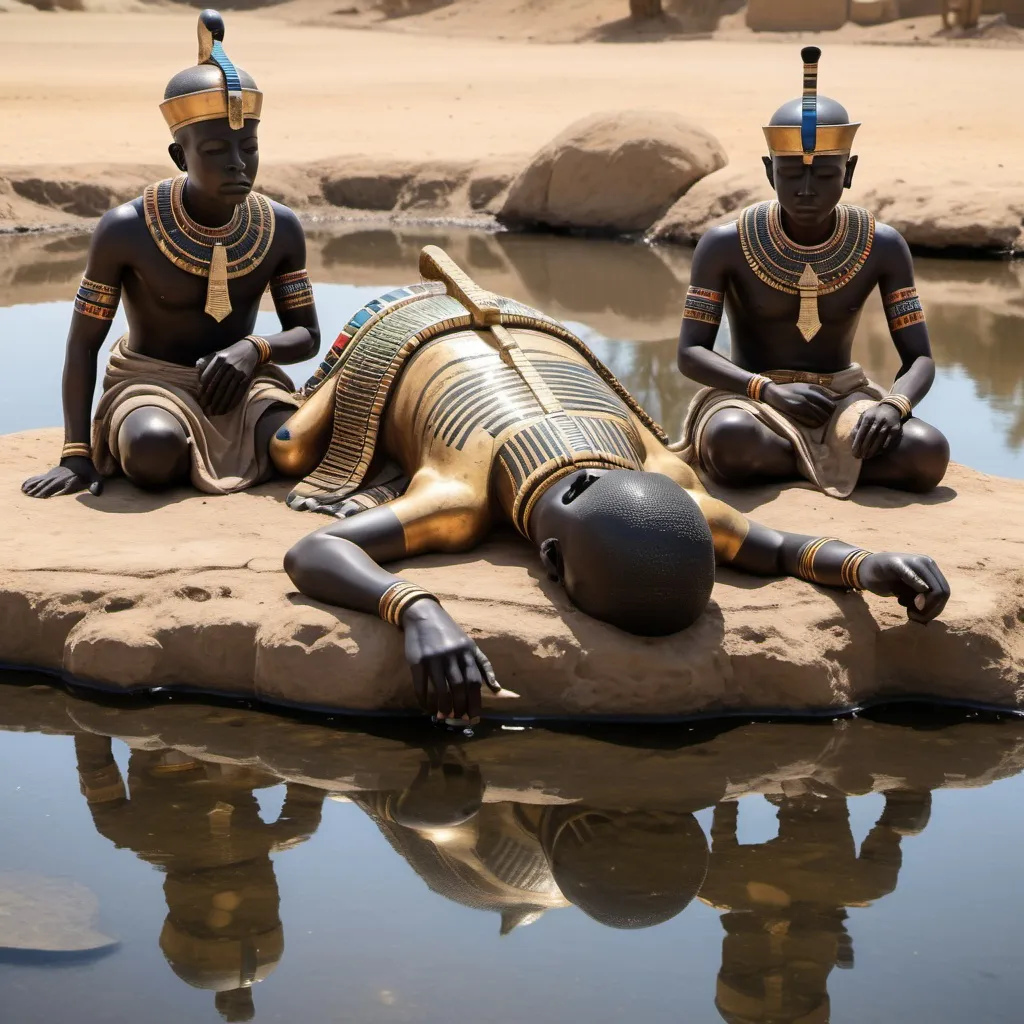 Prompt: The boy king Tutunkhamun lying on his stomach, drinking water from a pond, 2 armed bodyguards  at his rear side, super realism Ndebele renditions