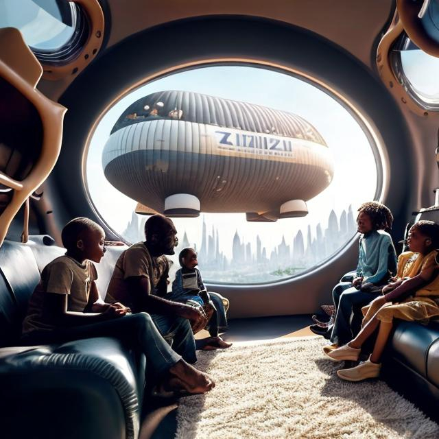 Prompt: A middle aged Zulu men with his grand children inside an airship  house, in a future times, they are looking outside the large Windows of the 27 storey flat, watching flying  car's traffic through tall buildings, futuristic scenes super realism masterpieces, utopia year 2035