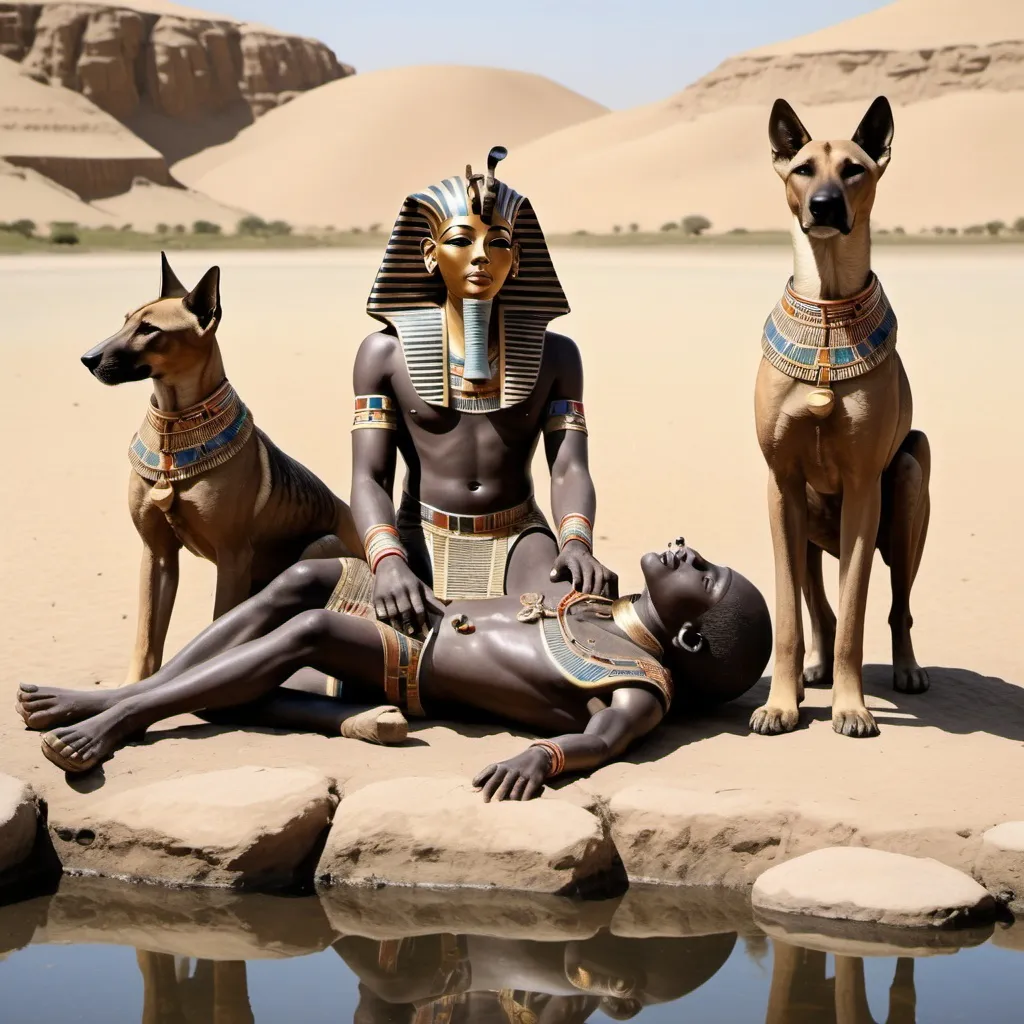 Prompt: The boy king Tutunkhamun lying on his stomach, drinking water from a pond, 2 armed bodyguards  at his rear side with his royal hound great dame,
 super realism Ndebele renditions