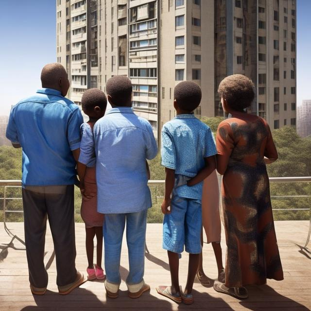 Prompt: A middle aged Zulu men with his grand children in a future times, they are looking outside the large Windows of the 27 storey flat, watching flying drone car's through tall buildings, super realism masterpieces, utopia