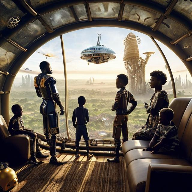 Prompt: A Zulu men with his children inside an airship Zulu hut house, in a future times, with Zulu design ai and AGI robots, they are looking outside the large Windows of the 27 storey flat watching flying  car's traffic through tall buildings, futuristic earth scenes super realism masterpieces, utopia year 2035