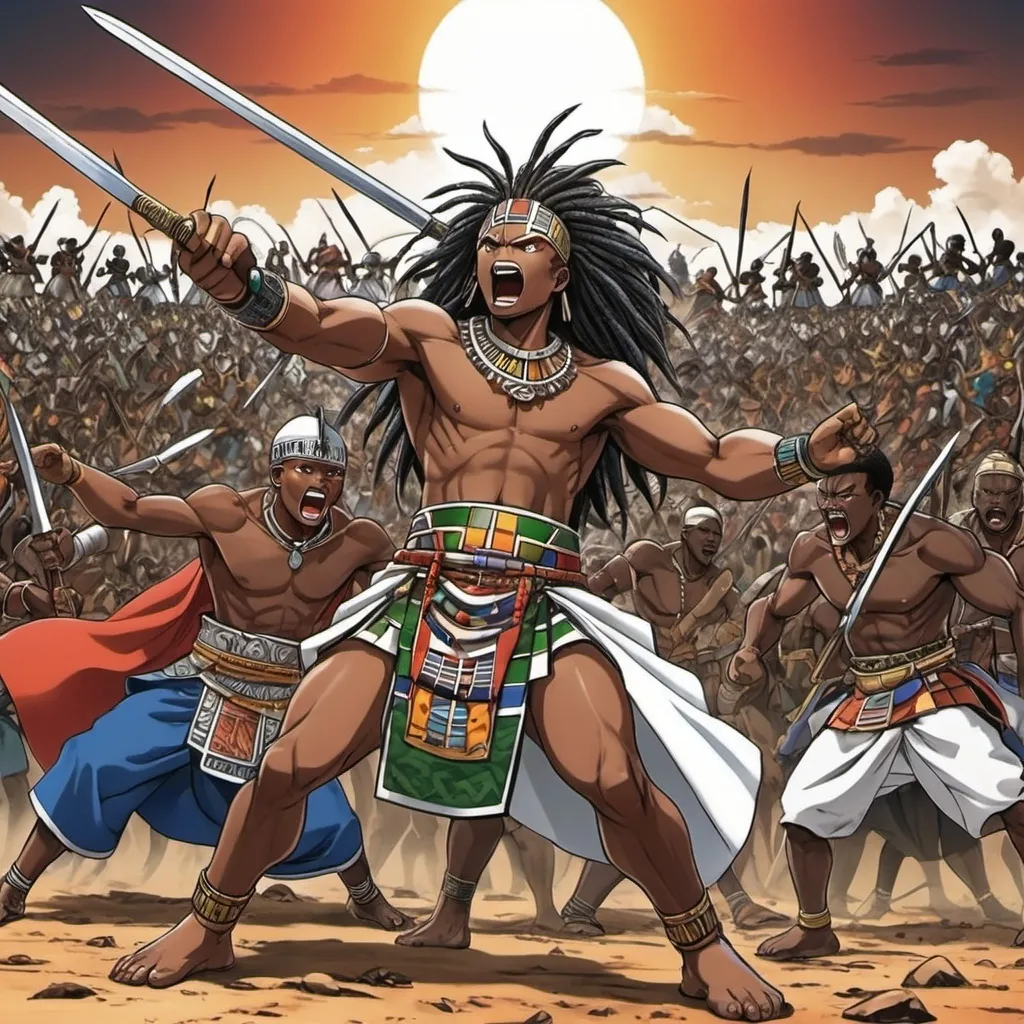 Prompt: Manga Anime epic battle scenes, Ndebele renditions