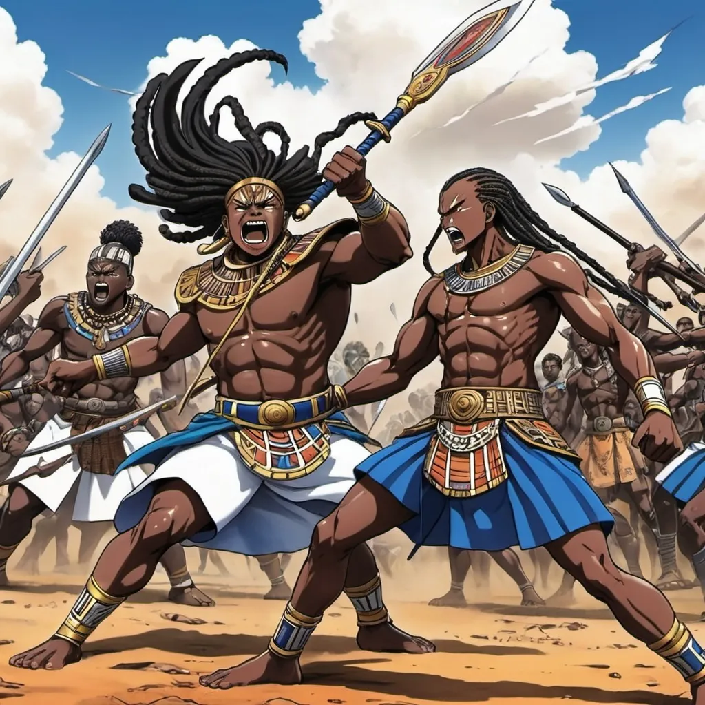 Prompt: Manga Anime epic battle scenes, Ndebele renditions