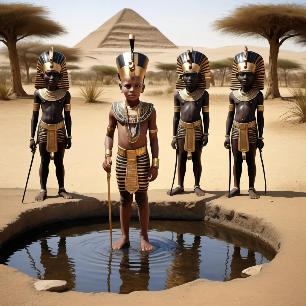 Prompt: The boy king Tutunkhamun drinking from a pond, 2 bodyguards stand by his sides, super realism Zulu renditions