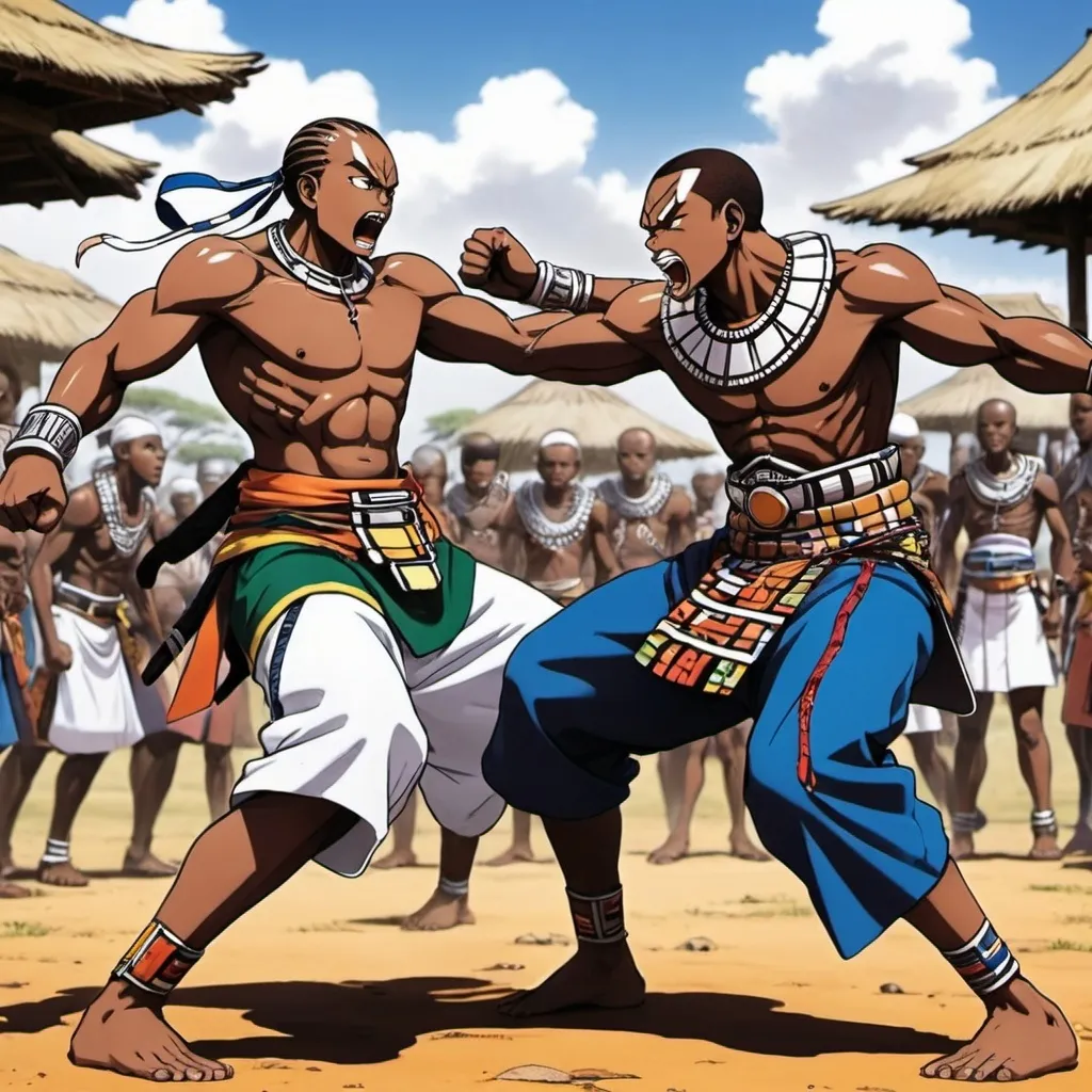 Prompt: Manga Anime fighting scenes, Ndebele renditions