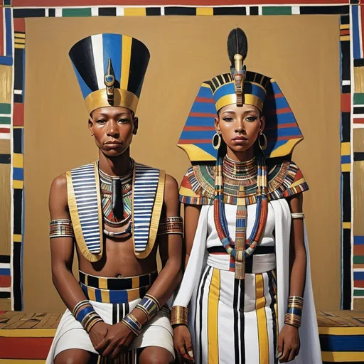 Prompt: The wedding ceremony of the boy king Tutunkhamun and the young queen Ankhsuamun, super realism Esther Mahlangu renditions