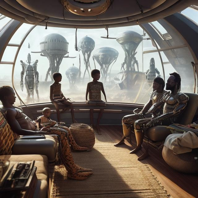 Prompt: A Zulu men with his children inside an airship Zulu hut house, in a future times, with Zulu design ai and AGI robots, they are looking outside the large Windows of the 27 storey flat watching flying  car's traffic through tall buildings, futuristic earth scenes super realism masterpieces, utopia year 2035