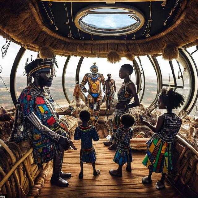 Prompt: A Zulu men with his children inside an airship Zulu hut house, in a future times, with Esther Mahlangu design ai robots they are looking outside the large Windows of the 27 storey flat watching flying car's traffic through tall buildings, futuristic earth scenes super realism masterpieces, utopia year 2035