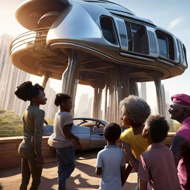 Prompt: A middle aged Zulu men with his grand children inside their house, in a future times, they are looking outside the large Windows of the 27 storey flat, watching flying  car's traffic through tall buildings, futuristic scenes super realism masterpieces, utopia year 2035