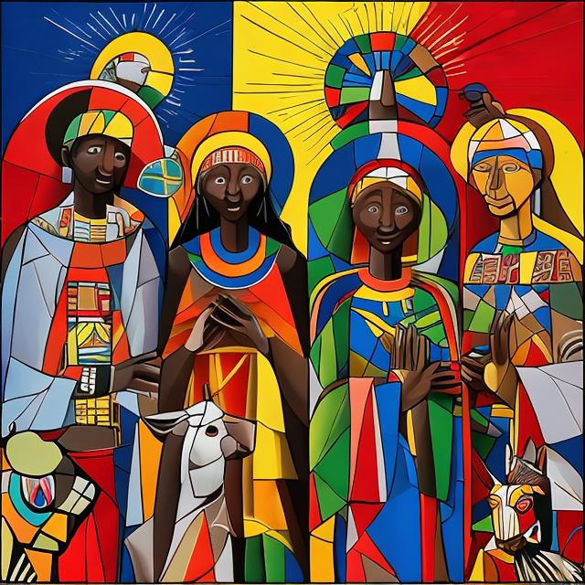 Prompt: Nativity masterpieces, Esther Mahlangu renditions super realism