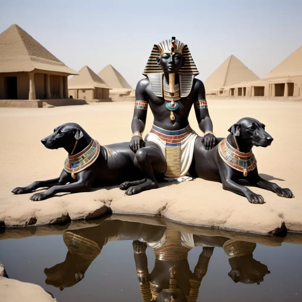 Prompt: The boy king Tutunkhamun lying on his stomach, drinking water from a pond, 2 armed bodyguards  at his rear side with his royal hound great dame,
 super realism Ndebele renditions