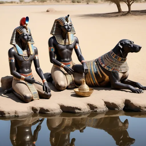 Prompt: The boy king Tutunkhamun lying on his stomach, drinking water from a pond, 2 armed bodyguards  at his rear side with his royal hound great dame,
 super realism Ndebele renditions