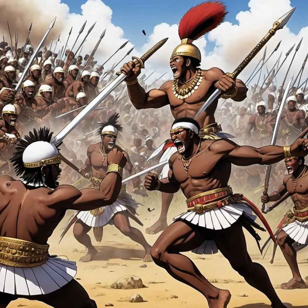 Prompt: Manga Anime epic battle scenes, Zulu renditions