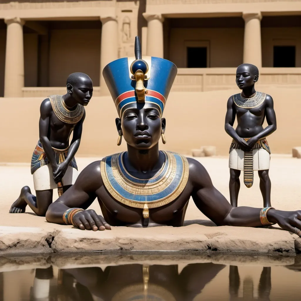 Prompt: The boy king Tutunkhamun lying on his stomach, drinking water from a pond, 2 armed bodyguards  at his rear side with his royal hound great dame,
 super realism Ndebele renditions