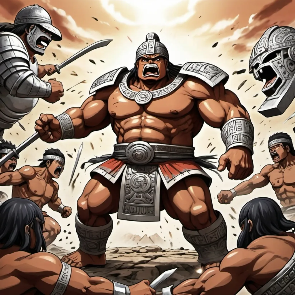 Prompt: Manga Anime epic battle scenes, Olmec renditions