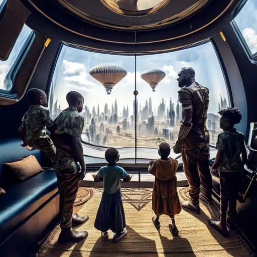Prompt: A Zulu men with his children inside an airship  house, in a future times, they are looking outside the large Windows of the 27 storey flat, watching flying  car's traffic through tall buildings, futuristic scenes super realism masterpieces, utopia year 2035