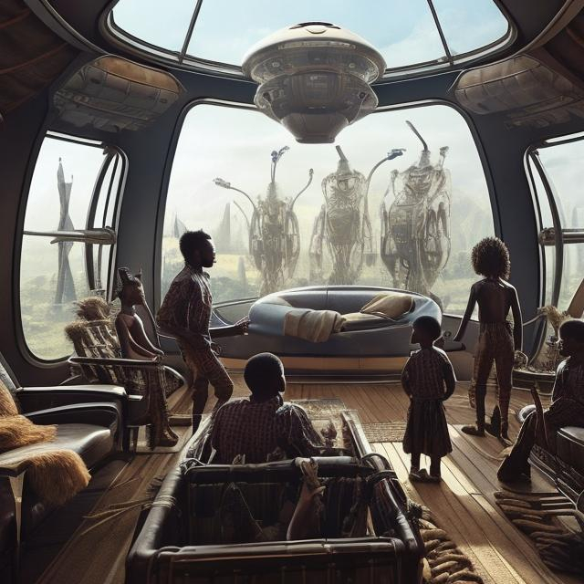 Prompt: A Zulu men with his children inside an airship Zulu hut house, in a future times, with Zulu design ai and AGI robots, they are looking outside the large Windows of the 27 storey flat watching flying  car's traffic through tall buildings, futuristic earth scenes super realism masterpieces, utopia year 2035