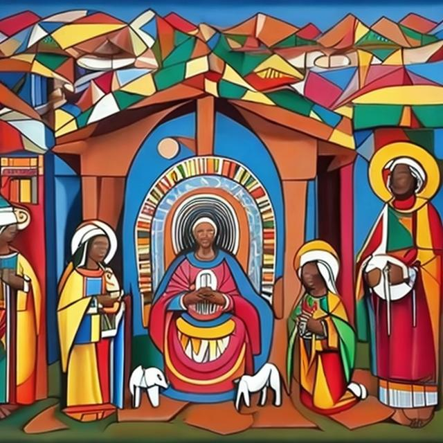 Prompt: Nativity masterpieces, Esther Mahlangu renditions super realism