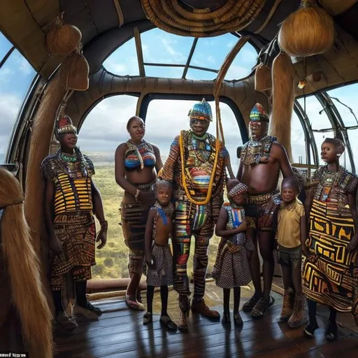 Prompt: A Zulu men with his children inside an airship Zulu hut house, in a future times, with Esther Mahlangu design ai robots they are looking outside the large Windows of the 27 storey flat watching flying car's traffic through tall buildings, futuristic earth scenes super realism masterpieces, utopia year 2035