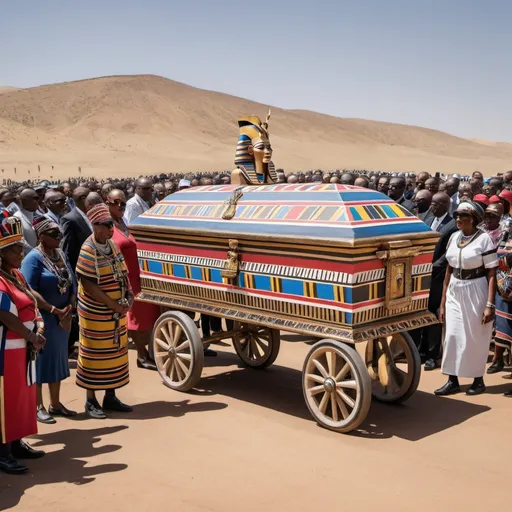 Prompt: The funeral procession with the sarcophagus of king Tutunkhamun, super realism Esther Mahlangu renditions