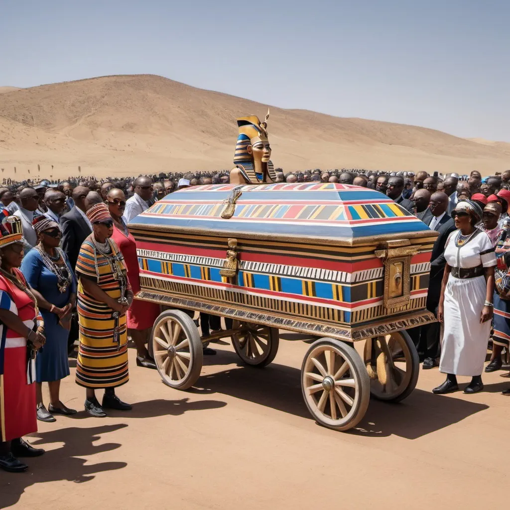 Prompt: The funeral procession with the sarcophagus of king Tutunkhamun, super realism Esther Mahlangu renditions