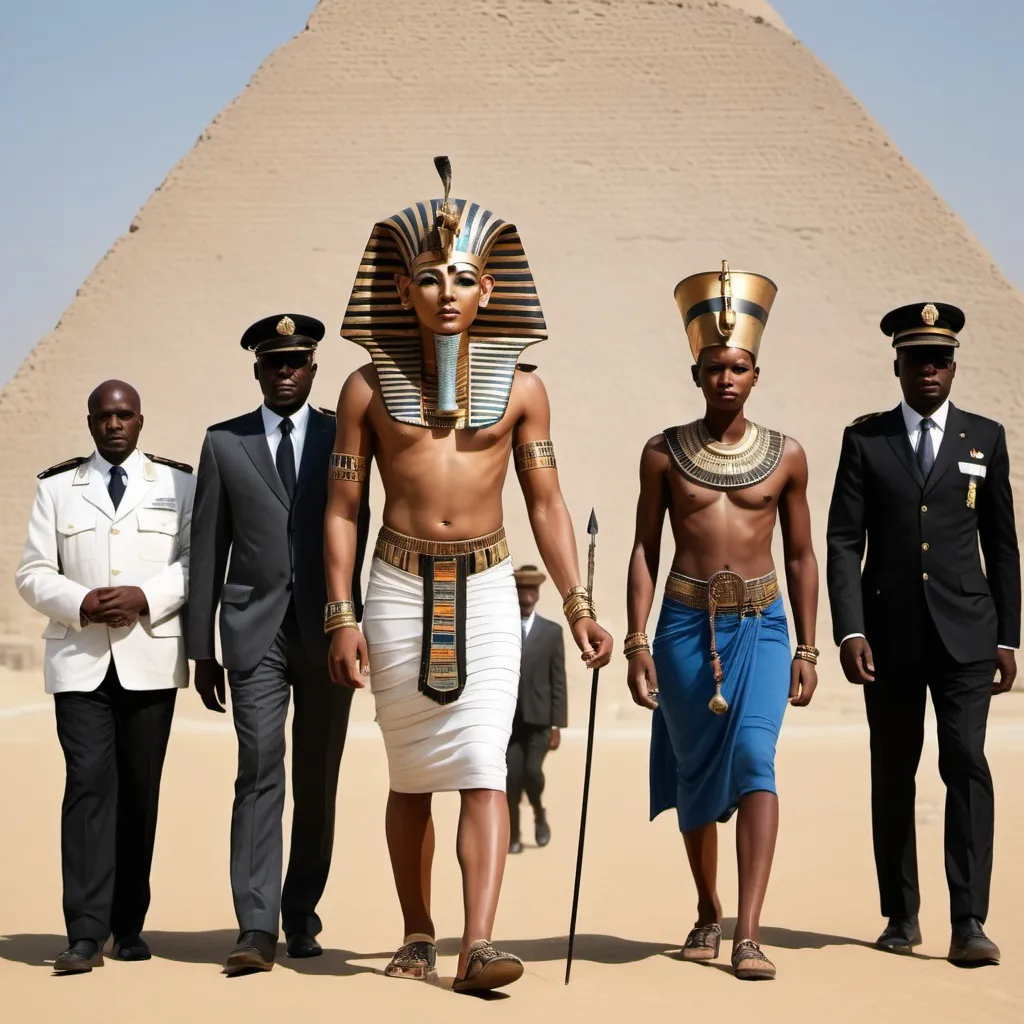 Prompt: The boy king Tutunkhamun and his queen Ankhsuamun at the pyramids and sphinx, escorted by officials, super realism 
Zulu  renditions