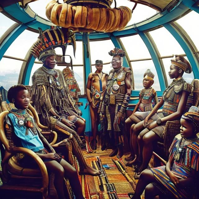 Prompt: A Zulu men with his children inside an airship Zulu hut house, in a future times, with Esther Mahlangu design ai robots they are looking outside the large Windows of the 27 storey flat watching flying car's traffic through tall buildings, futuristic earth scenes super realism masterpieces, utopia year 2035