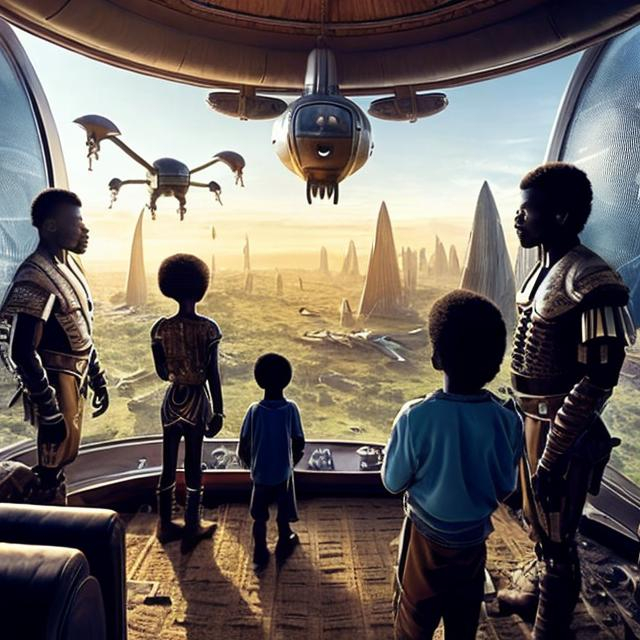 Prompt: A Zulu men with his children inside an airship Zulu hut house, in a future times, with Zulu design ai and AGI robots, they are looking outside the large Windows of the 27 storey flat watching flying  car's traffic through tall buildings, futuristic earth scenes super realism masterpieces, utopia year 2035