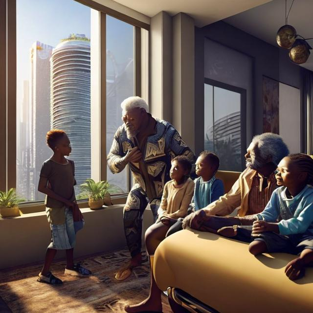 Prompt: A middle aged Zulu men with his grand children inside their house, in a future times, they are looking outside the large Windows of the 27 storey flat, watching flying  car's traffic through tall buildings, futuristic scenes super realism masterpieces, utopia year 2035