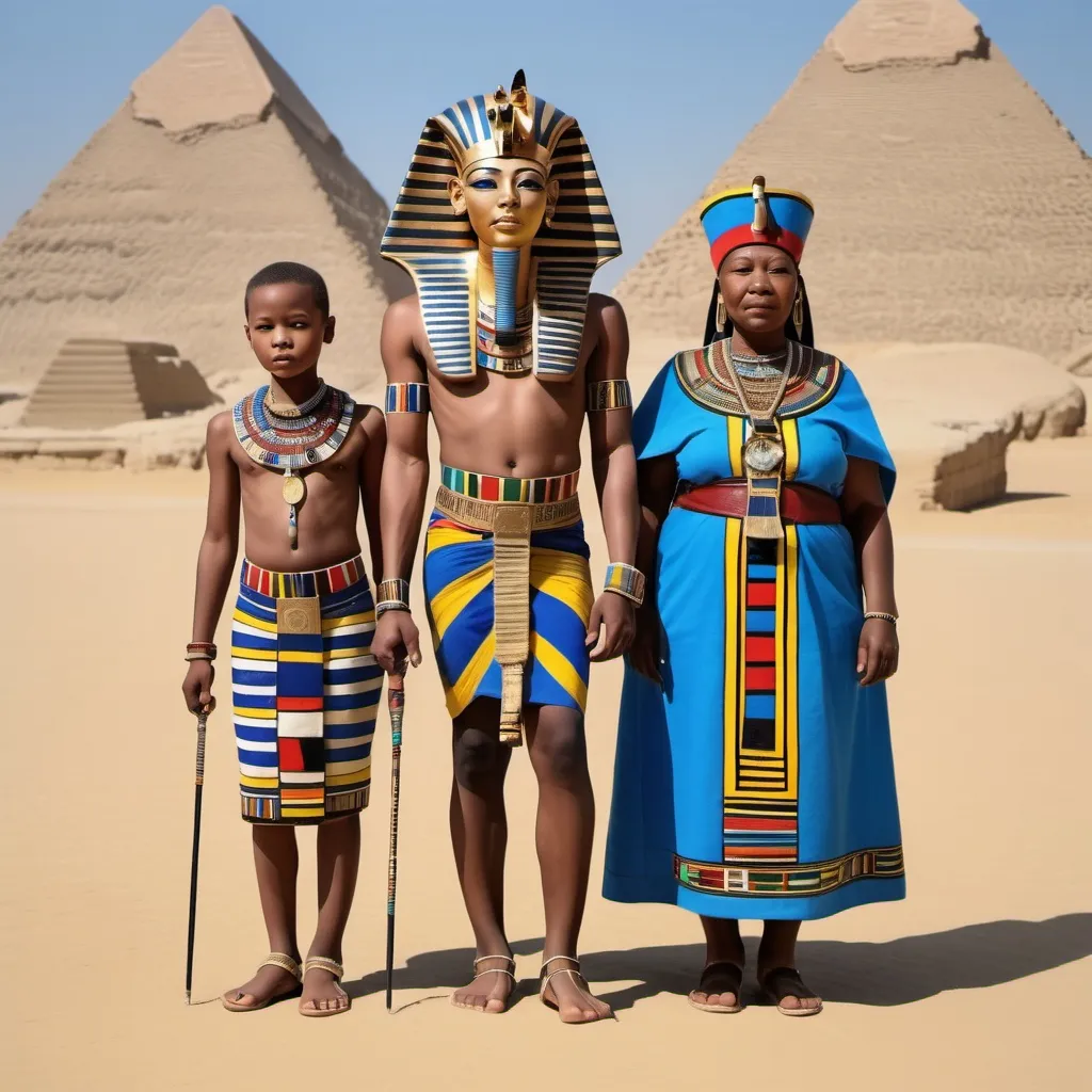 Prompt: The boy king Tutunkhamun and his queen Ankhsuamun at the pyramids and sphinx, escorted by officials, super realism 
Esther Mahlangu renditions