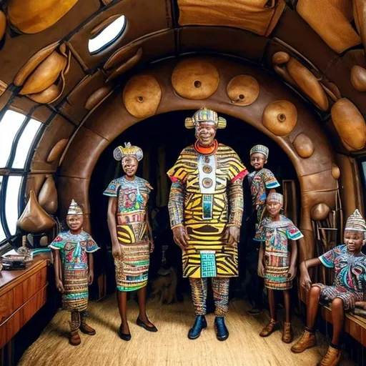 Prompt: A Zulu men with his children inside an airship Zulu hut house, in a future times, with Esther Mahlangu design ai robots they are looking outside the large Windows of the 27 storey flat watching flying car's traffic through tall buildings, futuristic earth scenes super realism masterpieces, utopia year 2035