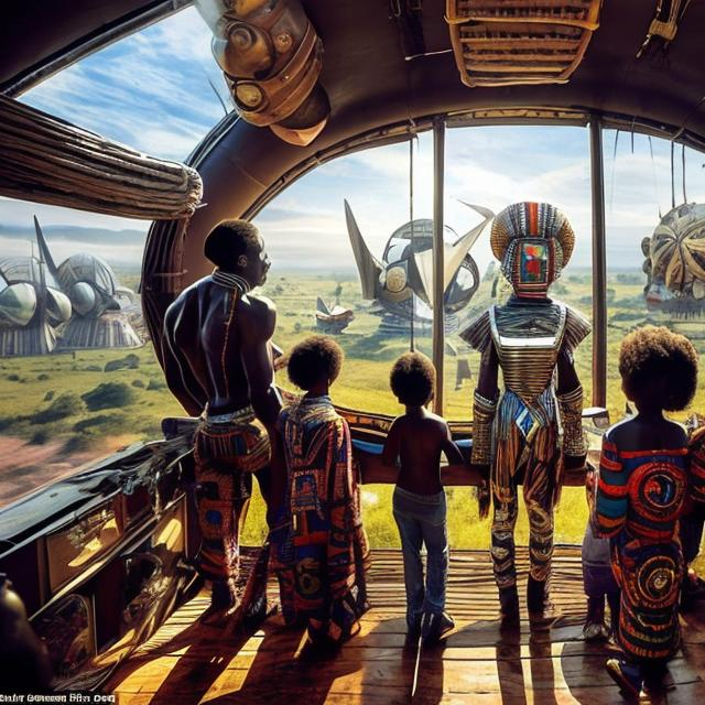 Prompt: A Zulu men with his children inside an airship Zulu hut house, in a future times, with Esther Mahlangu design ai robots they are looking outside the large Windows of the 27 storey flat watching flying car's traffic through tall buildings, futuristic earth scenes super realism masterpieces, utopia year 2035