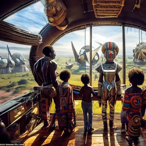 Prompt: A Zulu men with his children inside an airship Zulu hut house, in a future times, with Esther Mahlangu design ai robots they are looking outside the large Windows of the 27 storey flat watching flying car's traffic through tall buildings, futuristic earth scenes super realism masterpieces, utopia year 2035